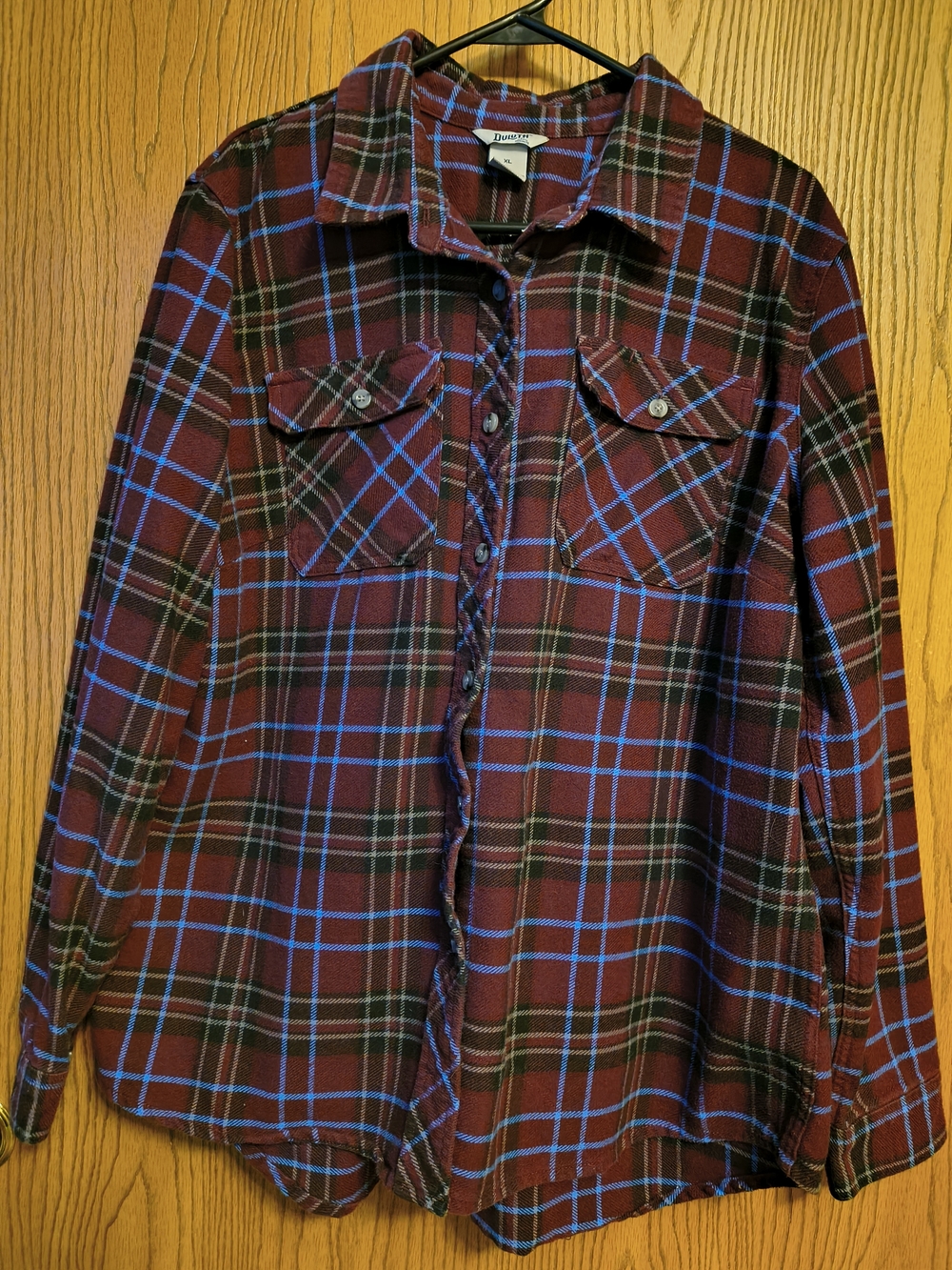 Duluth Trading Co Burgundy Plaid Button-Front Shirt with Blue Accents